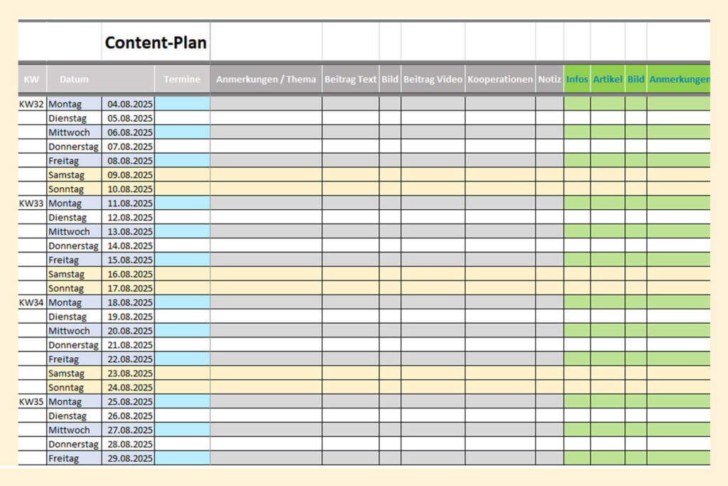 Instagram Post planen - beispielhafter Content Plan