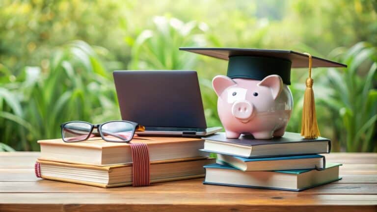 AZAV Bildungsgutschein - A stack of books and a piggy bank surrounded by graduation caps, certificates, and a laptop