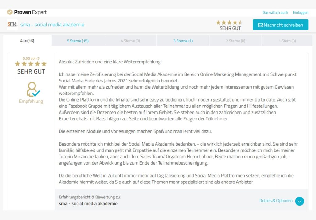 Bewertung der Social Media Akademie auf der Plattform ProvenExpert - UGC Marketing